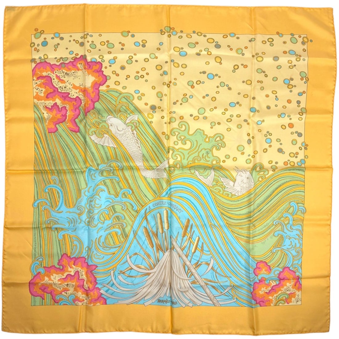 Hermes Carre 90 A CONTRE COURANT Scarf/Muffler, Carp Climbing a Waterfall, Silk, Yellow Multicolor,