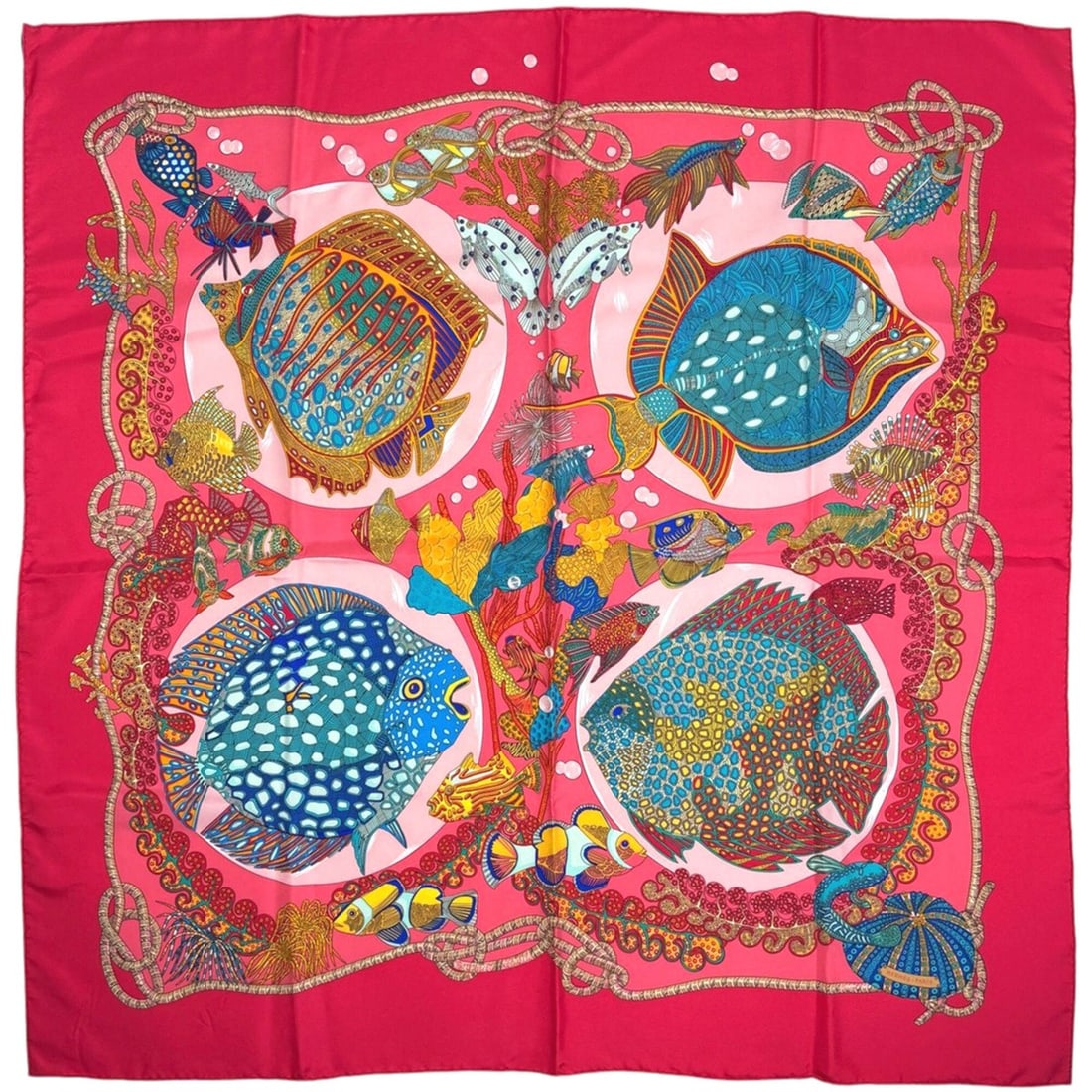 Hermes Carre 90 Grands Fonds Scarf/Muffler, Deep Sea Fish Design, Silk, Pink, Women's