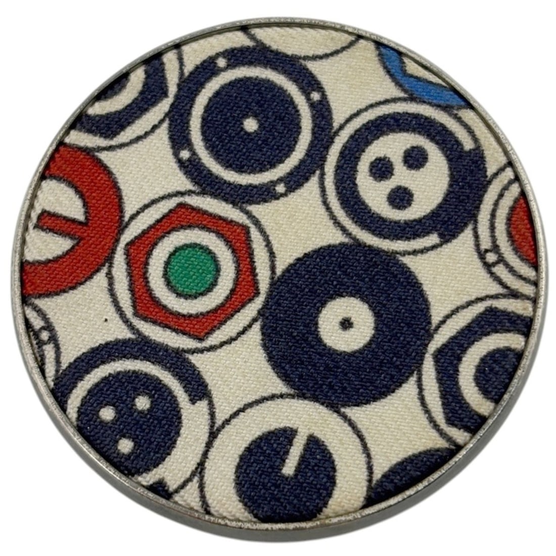 Hermes brooch, Liverpool MM, button pattern, pin badge, metal, silk, white multicolor, women's.