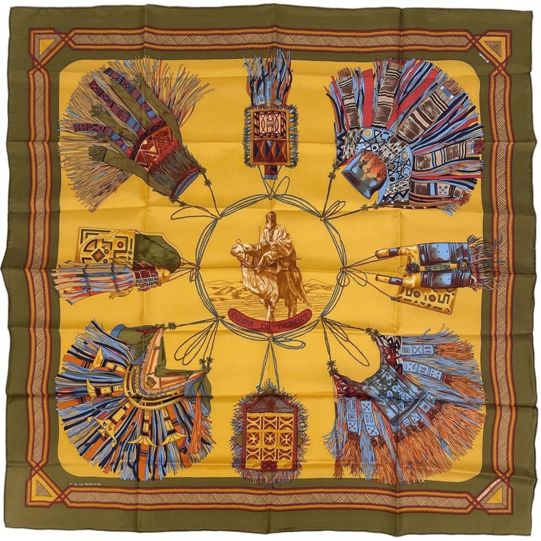 Hermes Carre 90 CUIRS DU DESERT Scarf/Muffler, Desert Leather Trim, Silk, Brown Multicolor, Women's