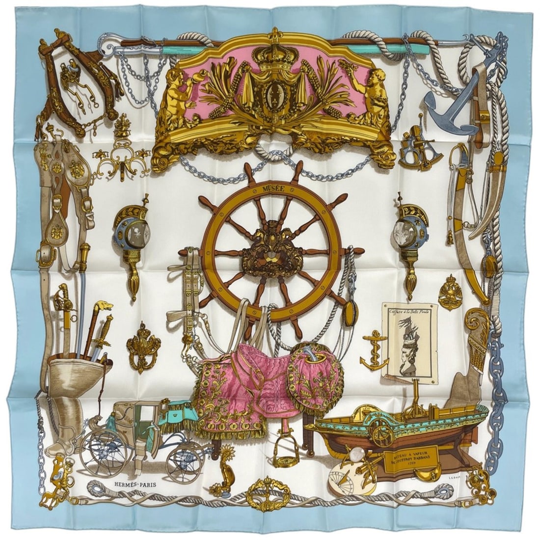 Hermes Carre 90 MUSEE Scarf/Muffler, Silk, Light Blue, Multicolor, Women's