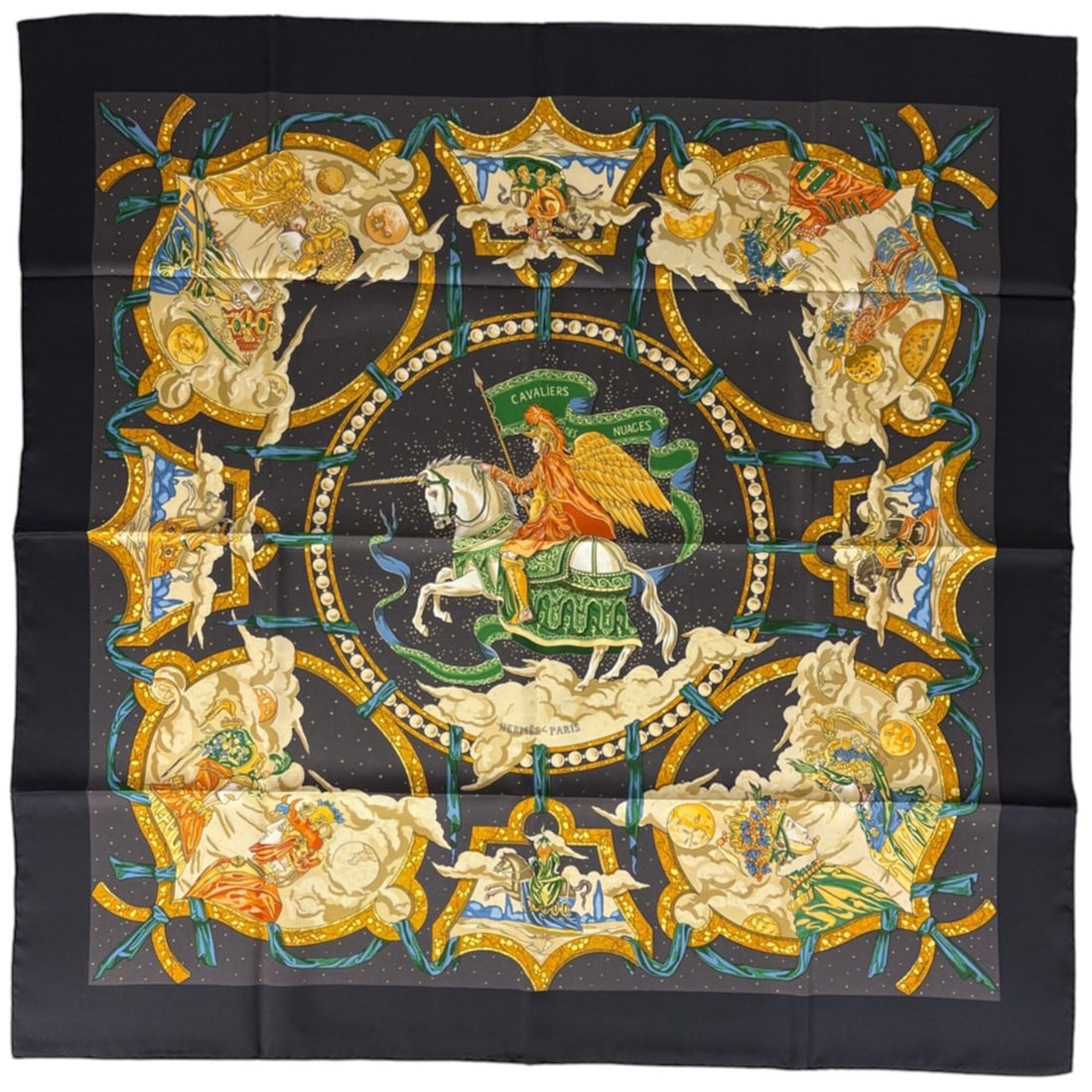 Hermes Carre 90 Cavaliers des Nuages Scarf/Muffler, "Knights of the Clouds," Silk, Black/Multicolor,