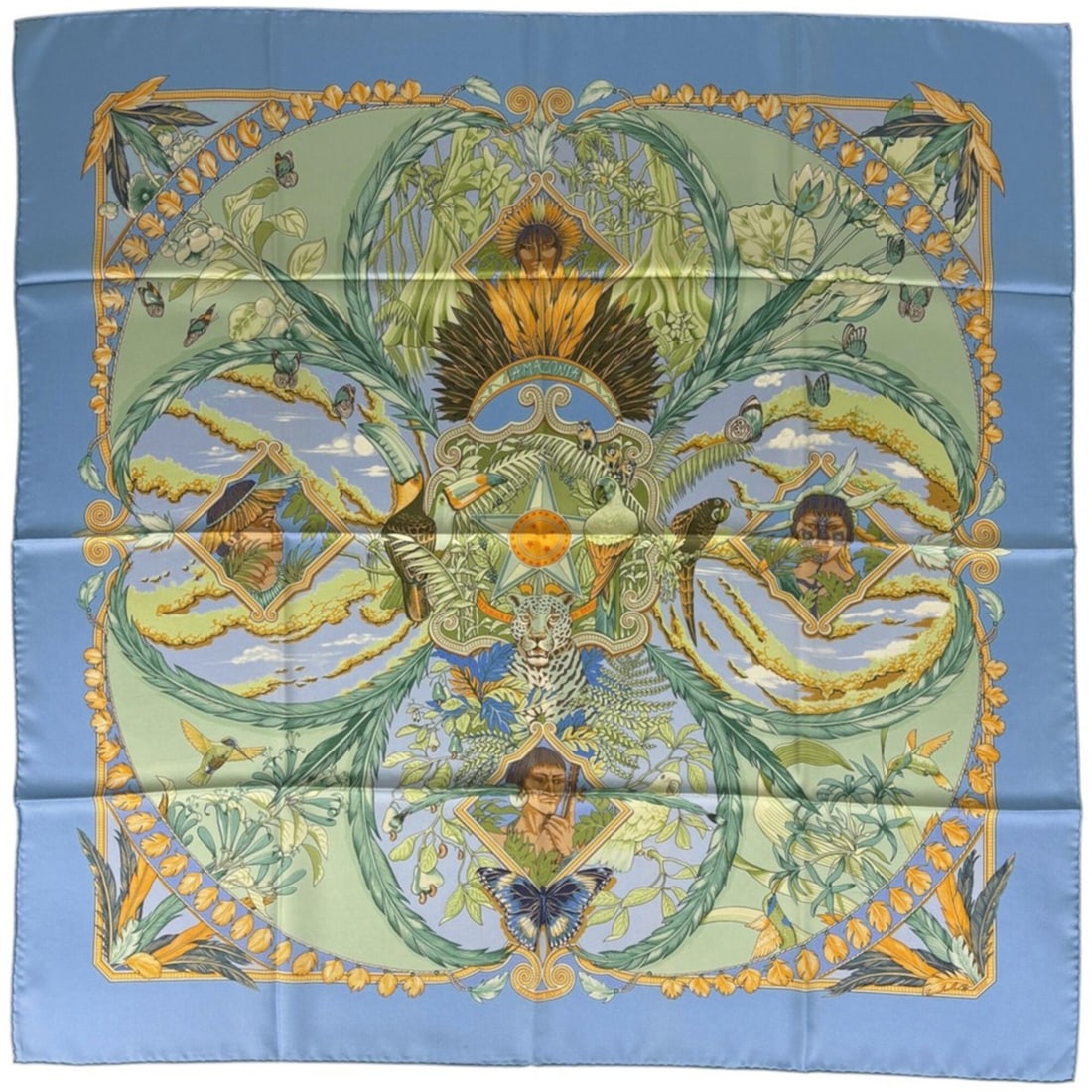 Hermes Carre 90 AMAZONIA Scarf/Muffler, Amazonia Silk, Blue Multicolor, Women's