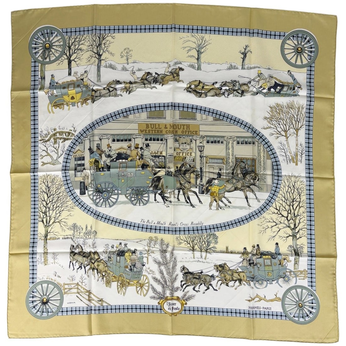 Hermes Carre 90 LHIVER EN POSTE Scarf/Muffler, Winter Post Carriage, Silk, White, Multicolor,