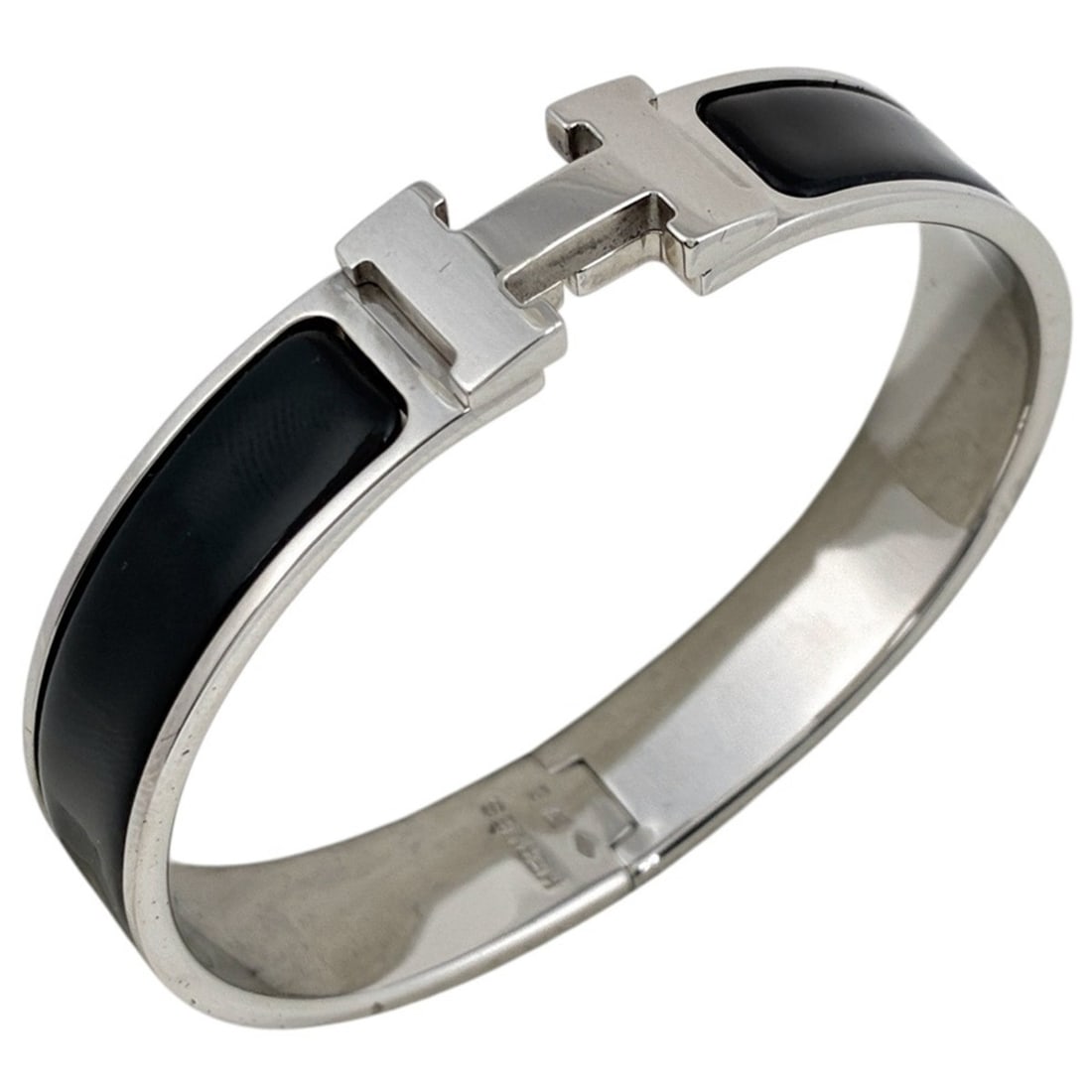 Hermes HERMES Click H Bangle Enamel Bracelet Clack Silver Plated Black Women's: --- Catalog ---Category: SizeLength: 17cm / 6.69''Category: DesignType: BangleColor: Black, SilverGender: WomenCategory: GeneralBrand: Hermes--- Item List ---Section: ConditionRanking: Rank B Used - T