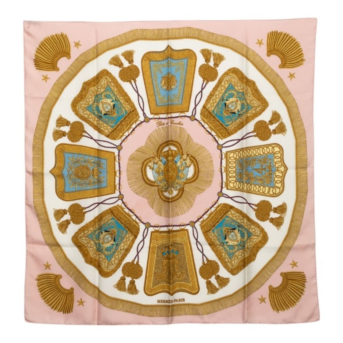 Hermes Carre 90 Saber-shaped decorative pouch, Poste et Cavalerie scarf/muffler, pink and white