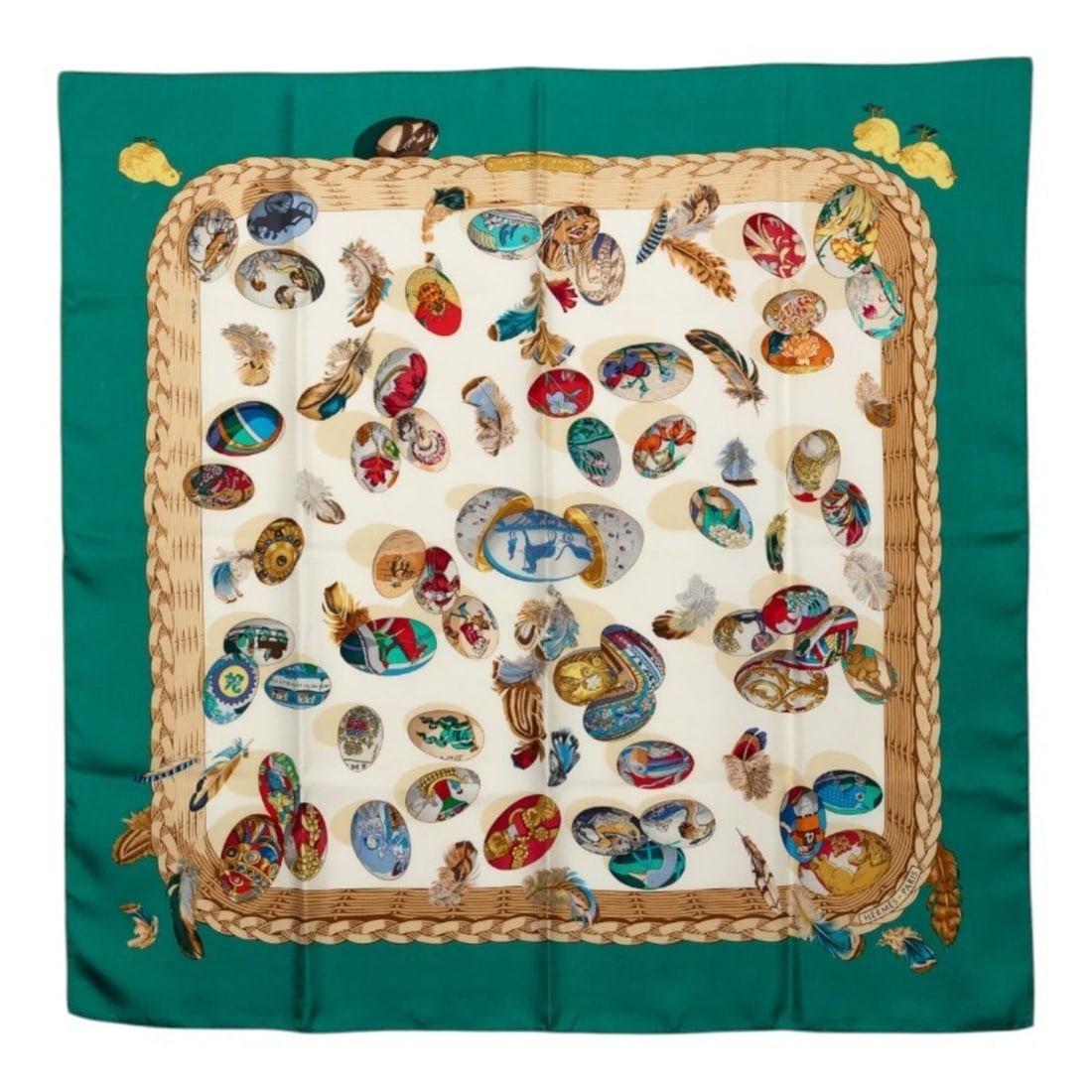 Hermes Carre 90 Chicks Couvee d'Hermes Scarf Muffler Green Ivory Silk Women's HERMES