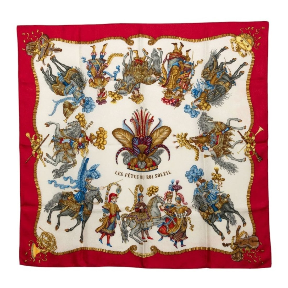 Hermes Carre 90 "Les Ftes du Roi Soleil" (Festivals of the Sun King) Scarf/Muffler, Red/Ivory Silk,