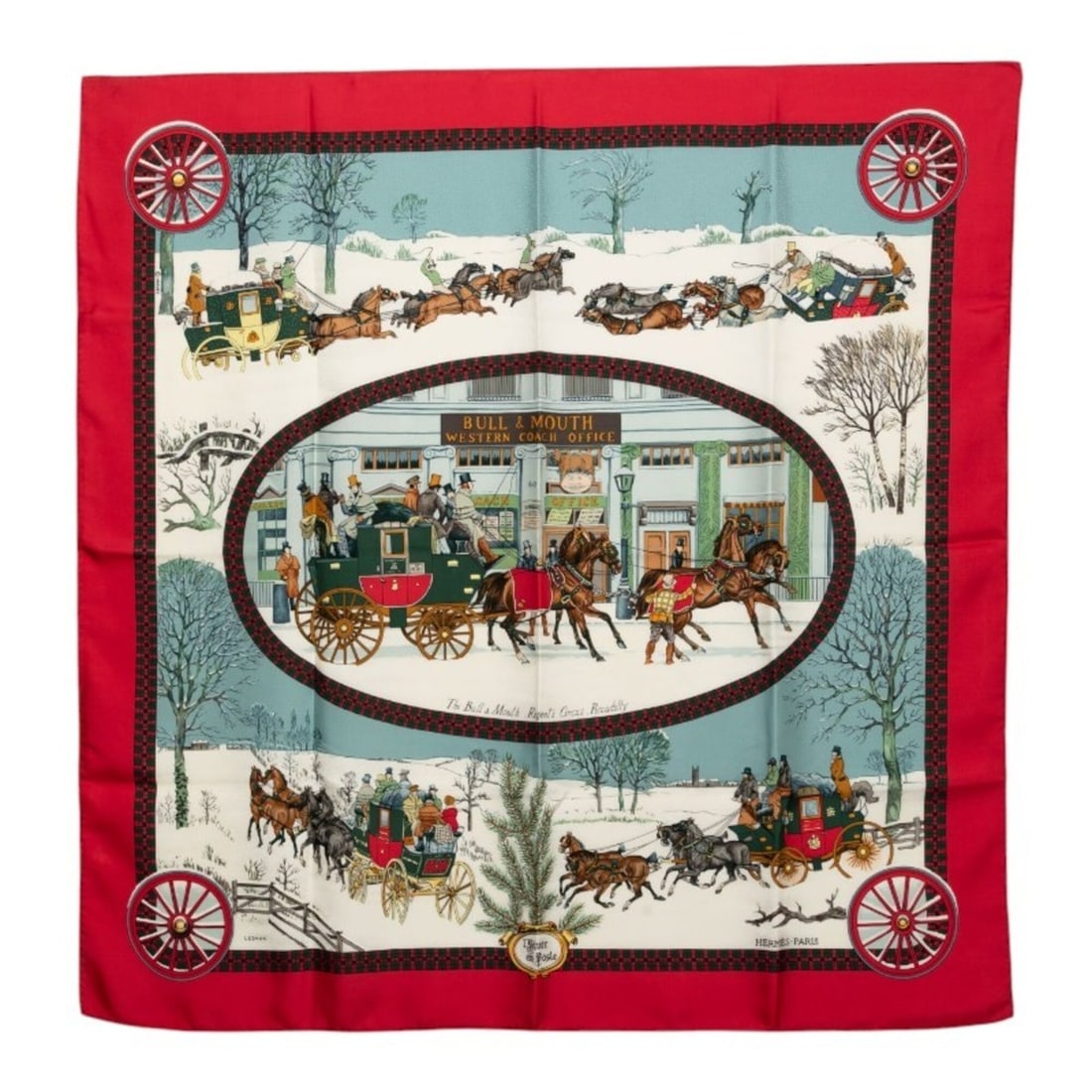 Hermes Carre 90 Winter Post Coach Scarf (L'Hiver en Poste) Red Multicolor Silk Women's (1 of 8)