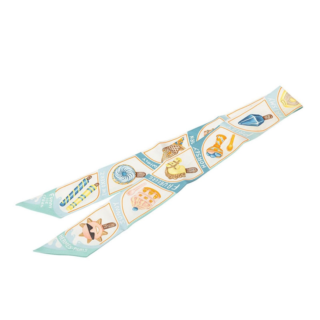 Hermes Twilly Funny Ice Cream Scarf/Muffler, Blue/White Silk, Women's: --- Catalog ---Category: SizeSize (LxW): 84cm x 5cm / 33.07'' x 1.96''Category: DesignType: ScarfColor: Blue, WhiteGender: WomenMaterial: Silk Category: GeneralBrand: Hermes--- Item List ---Section: C