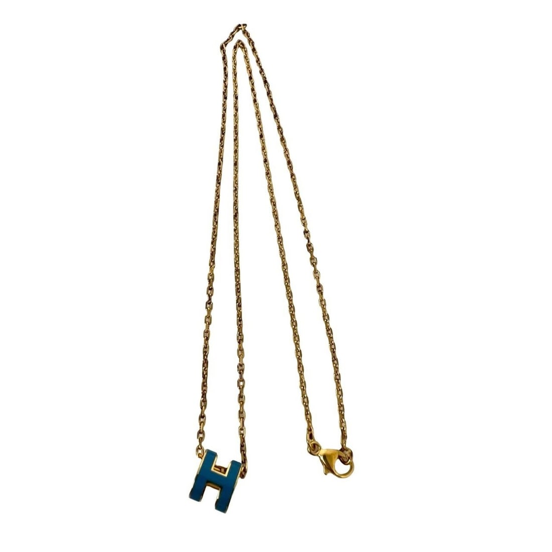 HERMES Mini Pop H Necklace GP Lacquer Pendant Choker Gold Blue 65140