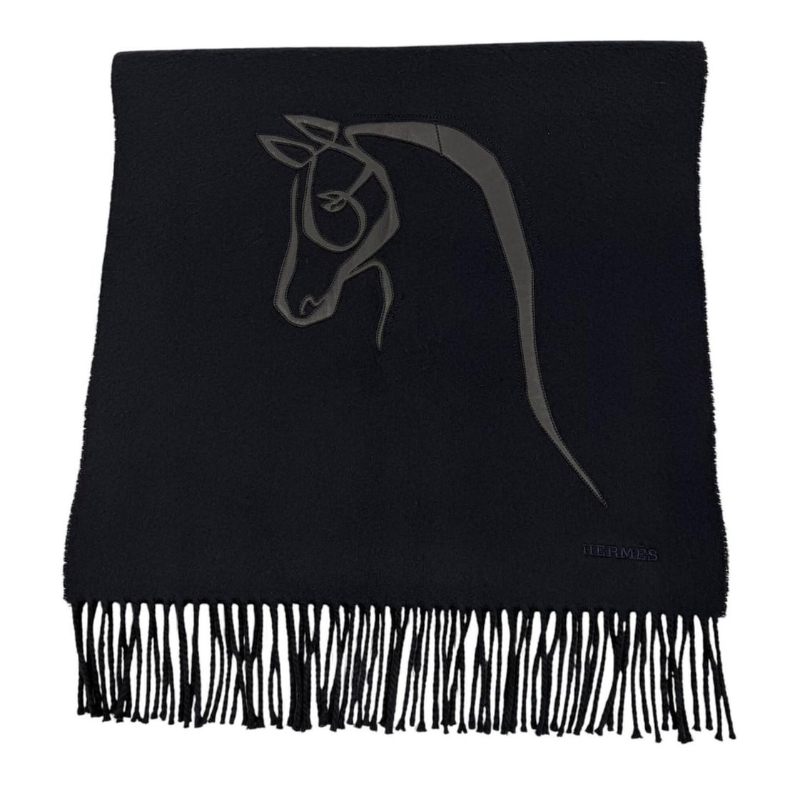 HERMES Cheval au Tre 100% Cashmere with Lambskin Leather Accents, Logo Embroidery, Fringe