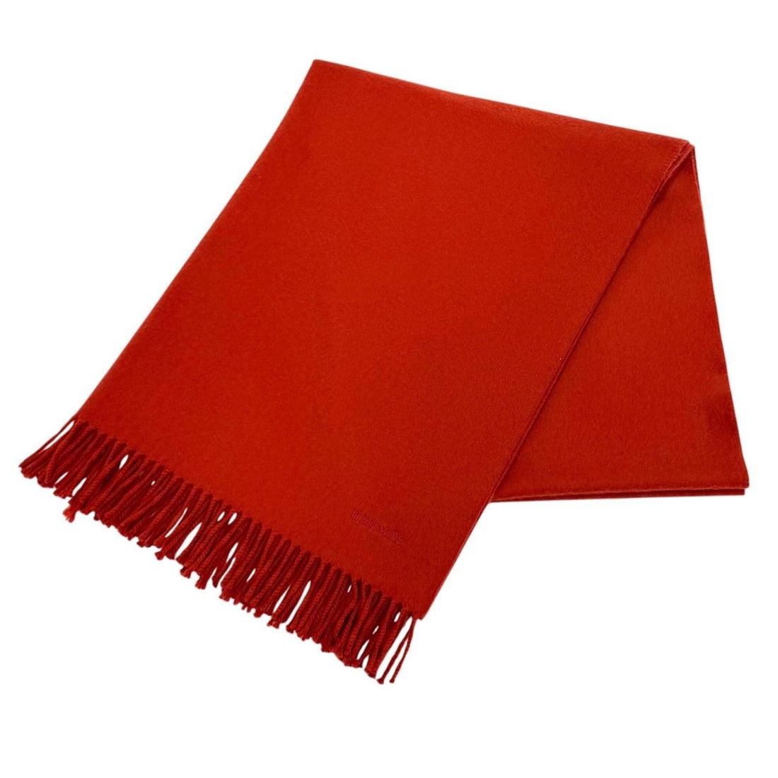 HERMES 100% Cashmere Logo Embroidered Fringe Large Stole/Scarf Shawl/Muffler Red Made in Scotland