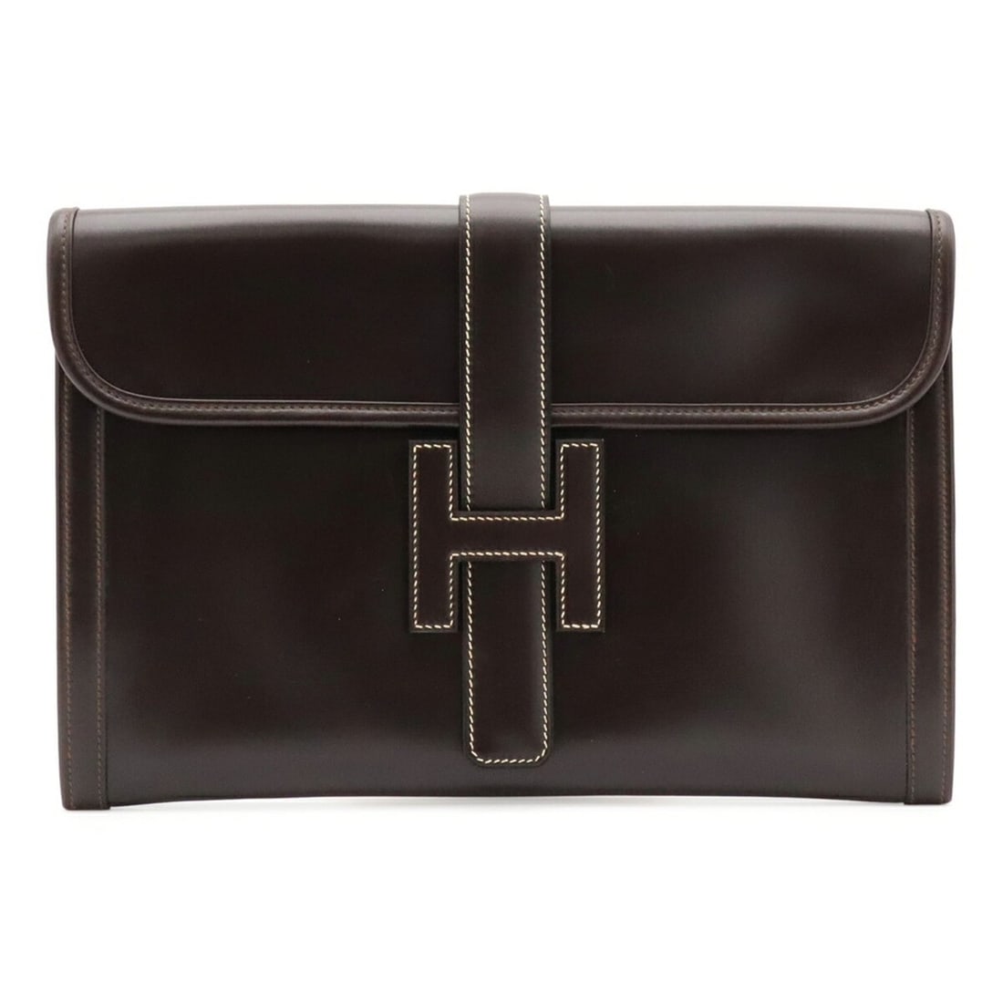HERMES Jige PM Second Bag Clutch Handbag Leather Dark Brown ?H Stamp