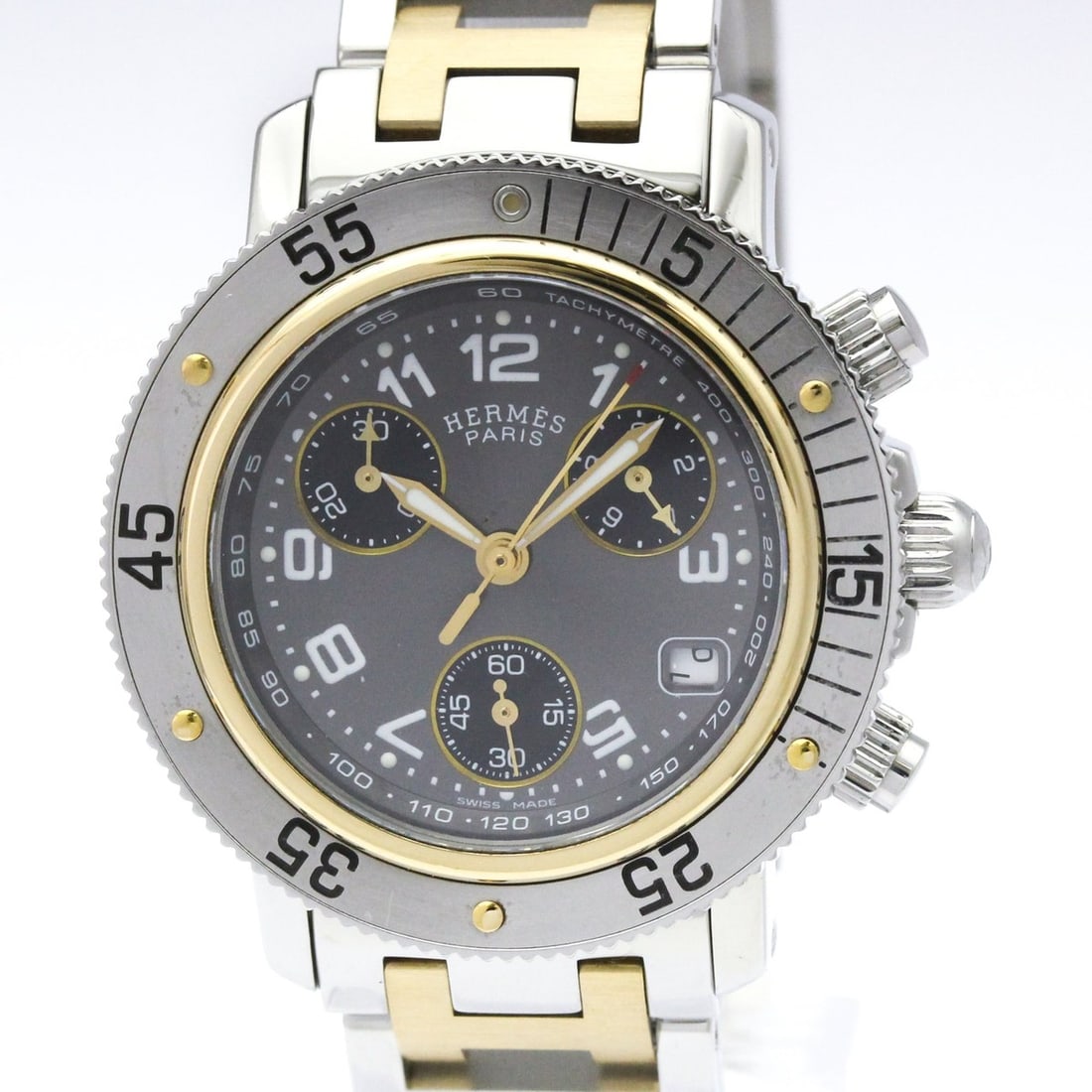 HERMES Clipper Diver Chronograph 18K Gold Steel Watch CL2.320 Polished