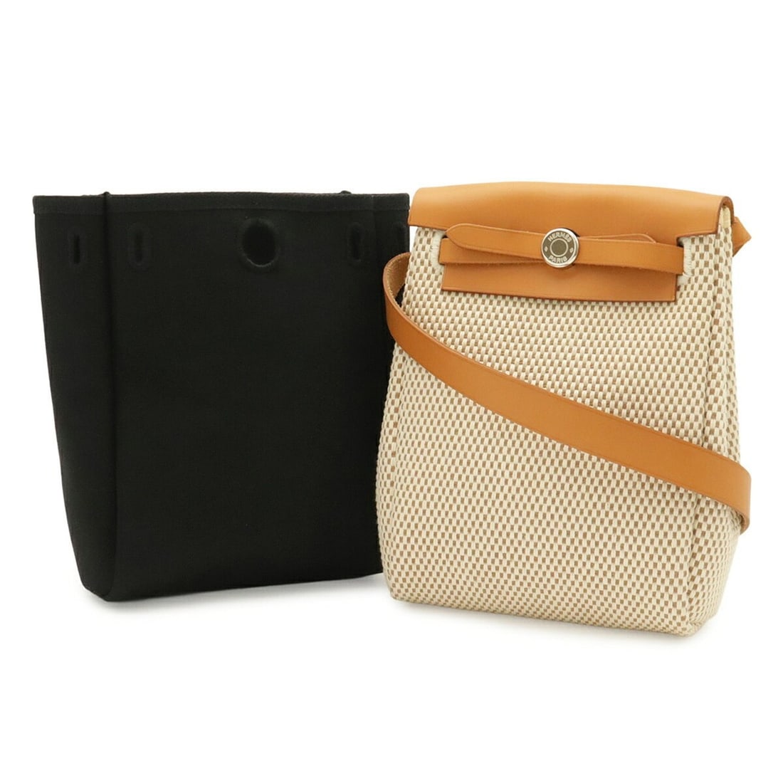 HERMES Hermès Herbag TPM Shoulder Bag Pochette Toile GM Officier Canvas Leather Natural Light Brown