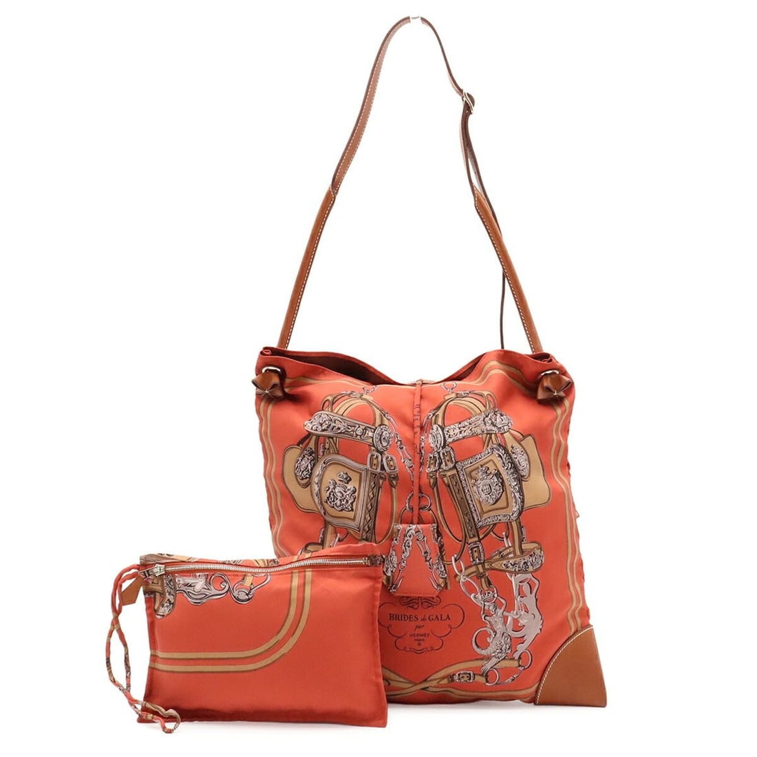 HERMES Silky City PM Brides de Gala Shoulder Bag, Silk, Terracotta Brown, ?N stamp: --- Catalog ---Category: SizeSize (HxWxD): 34cm x 32cm / 13.38'' x 12.59''Category: DesignType: Shoulder bagColor: Brown, Multi-colorGender: WomenMaterial: Silk , Leather Category: GeneralBrand: Herme