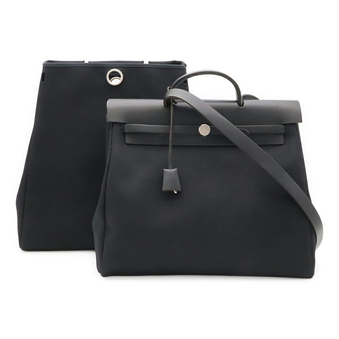 HERMES Herbag MM Handbag Shoulder Bag Toile Officier Canvas Leather Black ?F Stamp