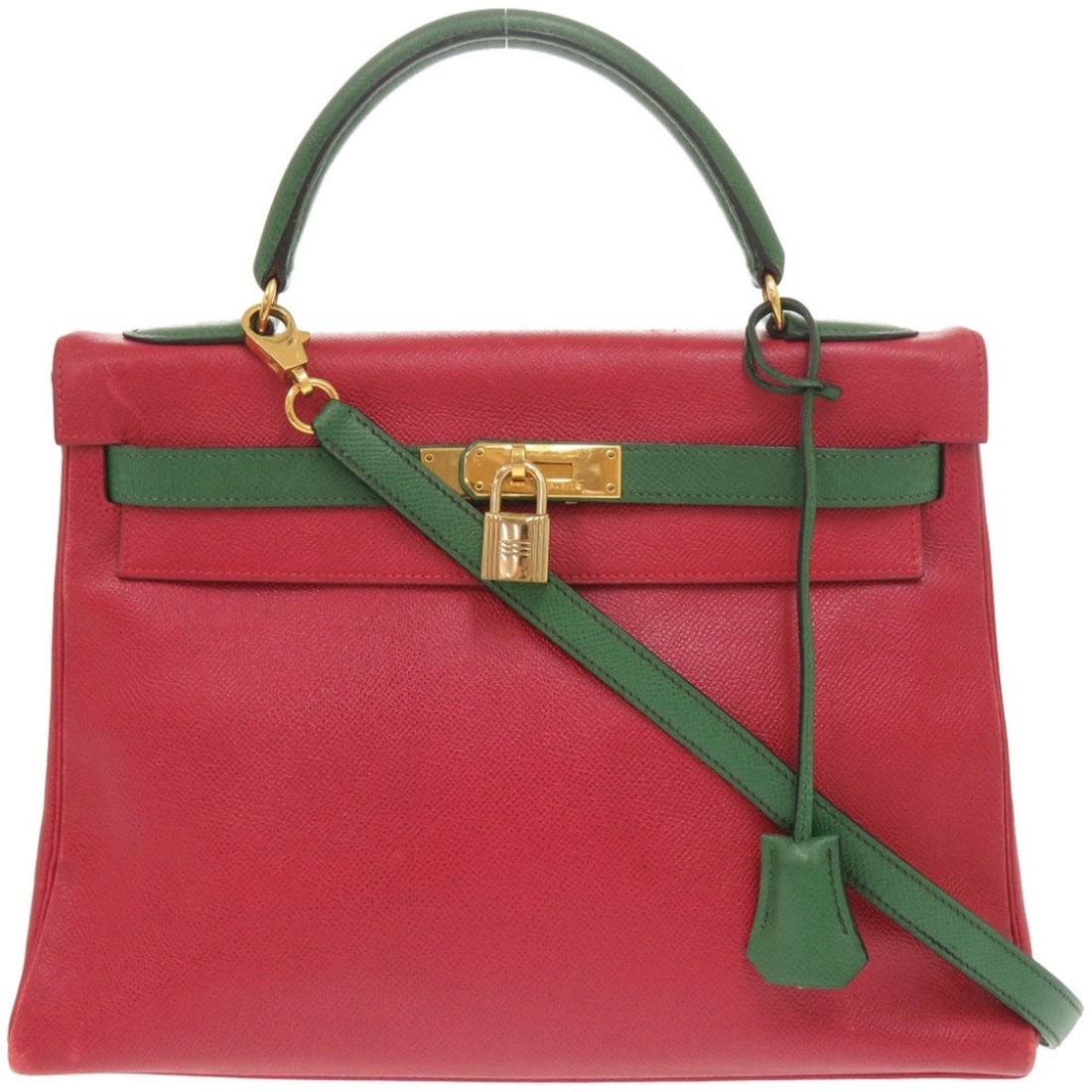 Hermes Kelly 32, inside stitching, bicolor, Courchevel leather, Rouge Vif Vert, gold hardware, ?X