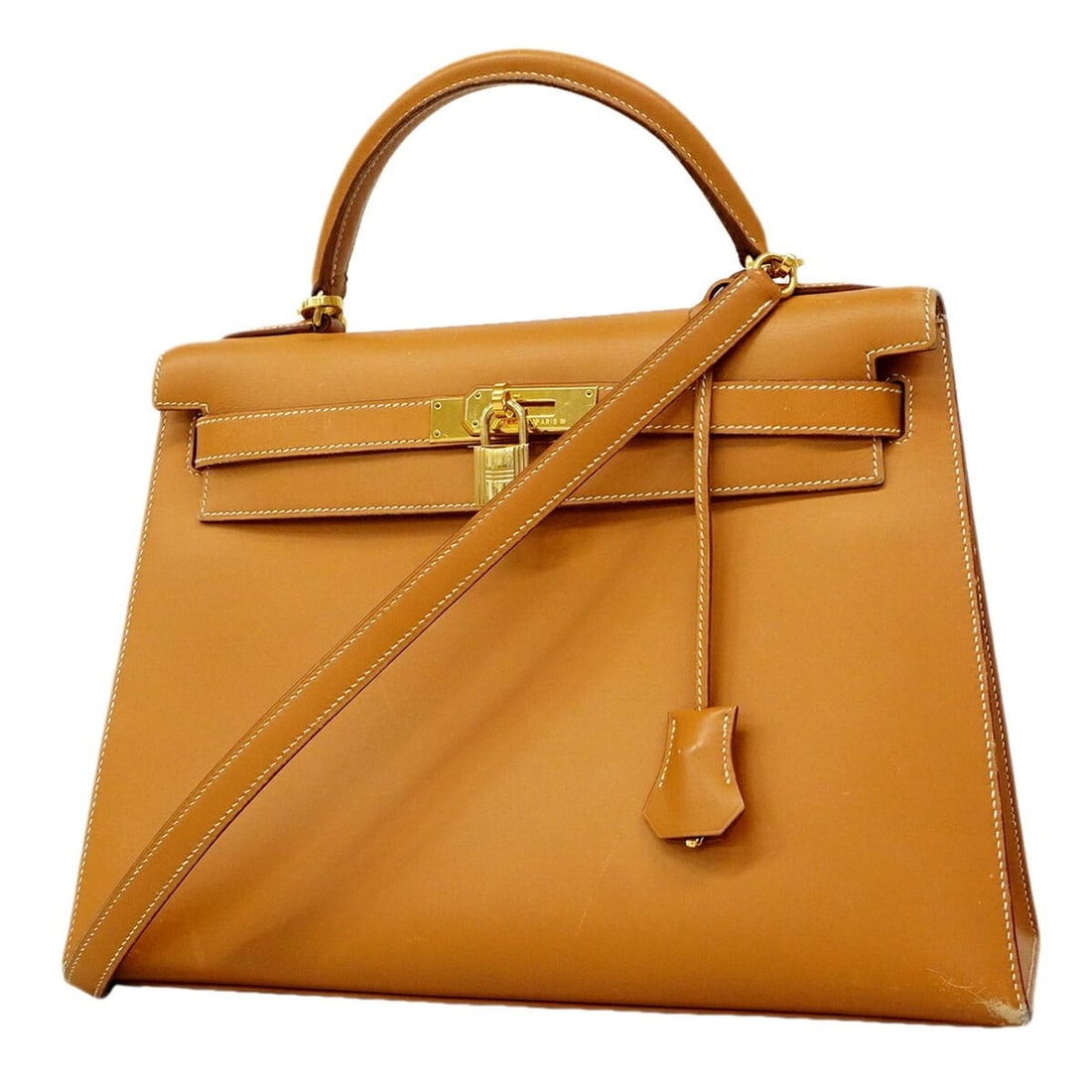 Hermes Kelly 32 Handbag, Box Calf Leather, Natural Sable, ?C Stamp, Ladies'