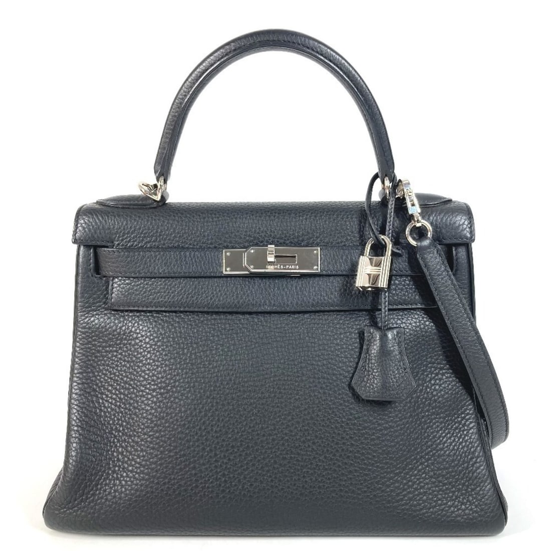 HERMES Kelly 28 2-Way Bag, Shoulder Handbag, Taurillon Clemence Leather, Men's & Women's, Black