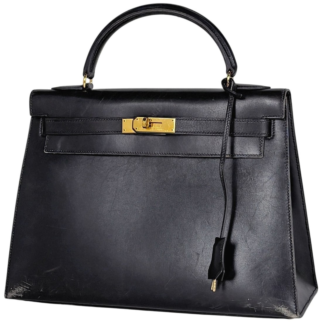 Hermes Kelly 32 Handbag, External Stitching, 2-Way, Box Calf Leather, Black, Women's