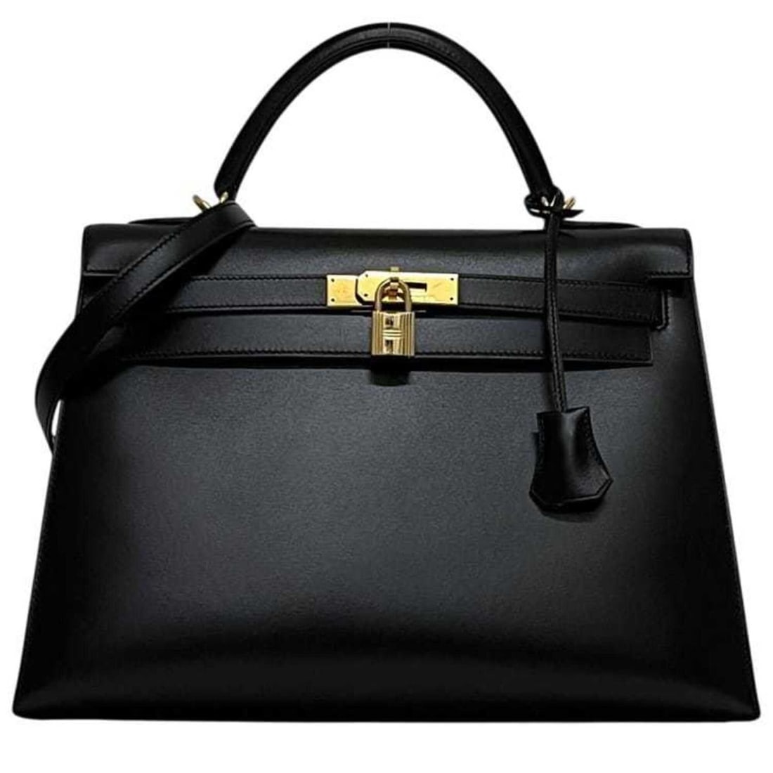 Hermes Kelly 32 2-way bag, black, handbag/shoulder box calf leather, ?F stamp, HERMES flap bag.: --- Catalog ---Category: SizeSize (HxWxD): 23cm x 33cm x 12cm / 9.05'' x 12.99'' x 4.72''Strap Length: 90cm / 35.43''Category: DesignType: Handbag, Shoulder bagColor: BlackGender: WomenMaterial: Box c