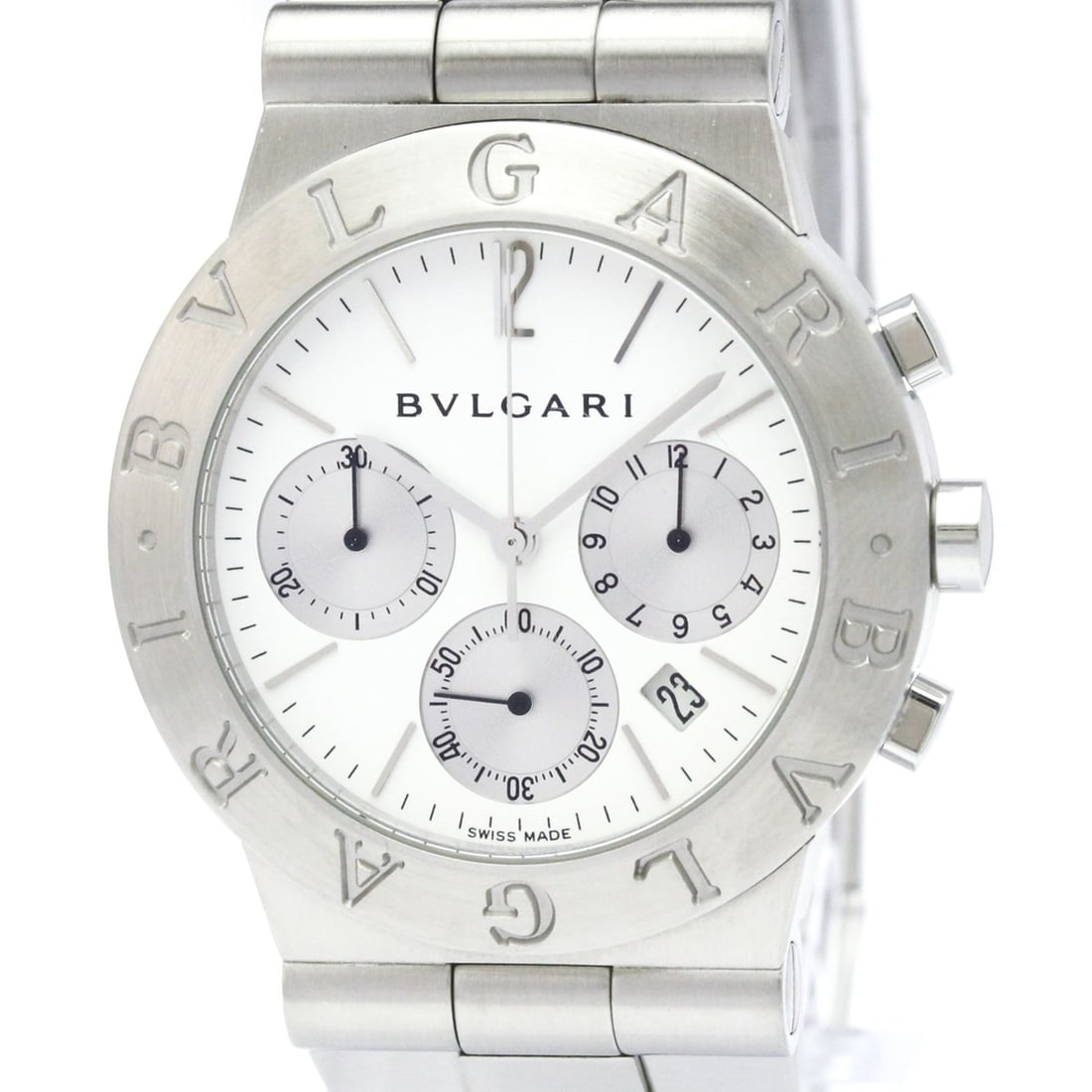 BVLGARI Diagono Chronograph Steel Quartz Mens Watch CH35S Polished: --- Catalog ---Category: SizeCase Diameter: 35mm / 1.38''Category: DesignType: WristwatchStyle: Dress/FormalGender: MenColor (Dial): WhiteMaterial (Band): Stainless steelMaterial (Case): Stainless ste