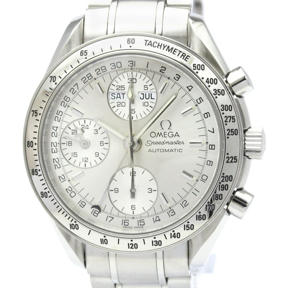 OMEGA Speedmaster Triple Date Steel Automatic Watch 3523.30 Polished: --- Catalog ---Category: SizeCase Diameter: 39mm / 1.54''Category: DesignType: WristwatchStyle: SportGender: MenColor (Dial): SilverMaterial (Band): Stainless steelMaterial (Case): Stainless steelCate