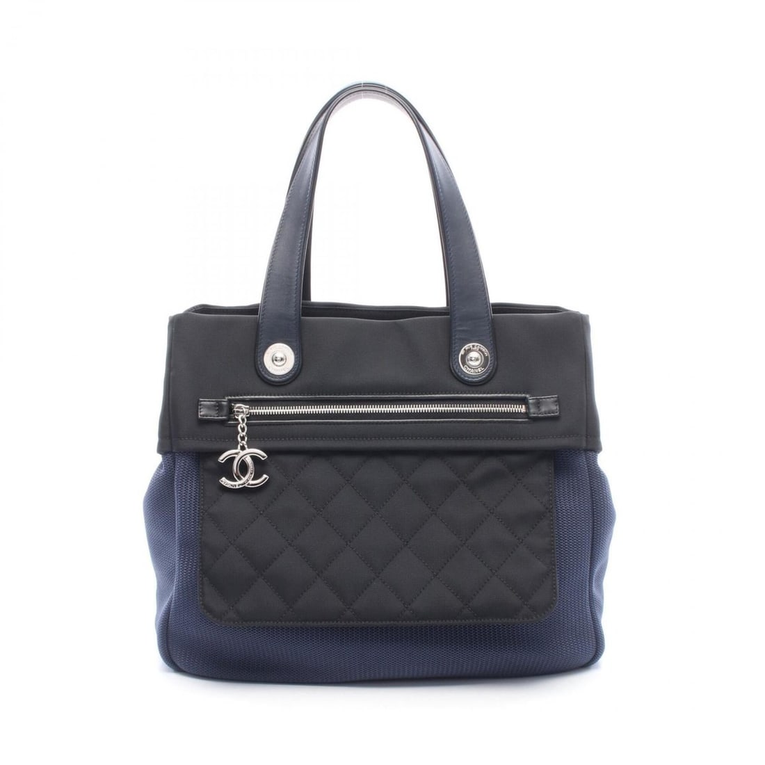 Chanel Paris Biarritz Tote Bag Handbag Nylon Leather Women's Navy Black: --- Catalog ---Category: SizeSize (HxWxD): 31cm x 34cm x 17cm / 12.2'' x 13.38'' x 6.69''Category: DesignType: Handbag, Tote bagColor: Black, NavyGender: WomenMaterial: Nylon , Leather Category: Gener