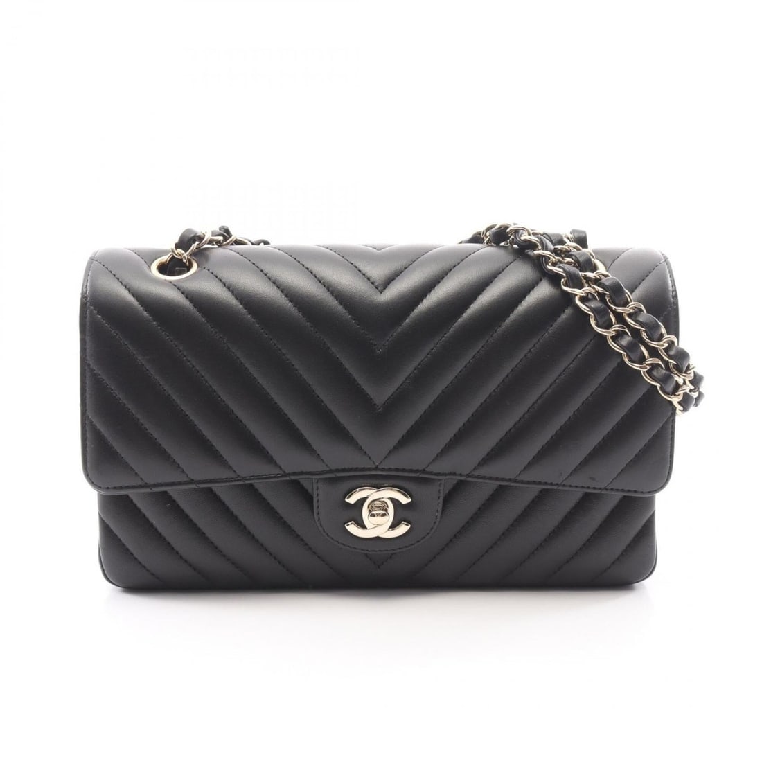 Chanel Chevron V-stitch Double Flap Shoulder Bag/Handbag, Lambskin Leather, Women's, Black (1 of 18)