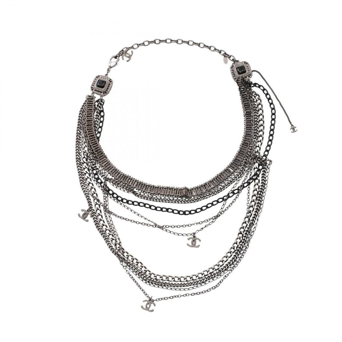 Chanel Coco Mark 10-strand Necklace, Metal Jewelry, Women's, Silver/Black: --- Catalog ---Category: SizePendant Size: 10mm x 13mm / 0.39'' x 0.51''Neck Circumference: 42.5 cm - 54.5 cm / 16.73'' - 21.45''Category: DesignColor: Black, SilverGender: WomenMaterial: MetalNecklac
