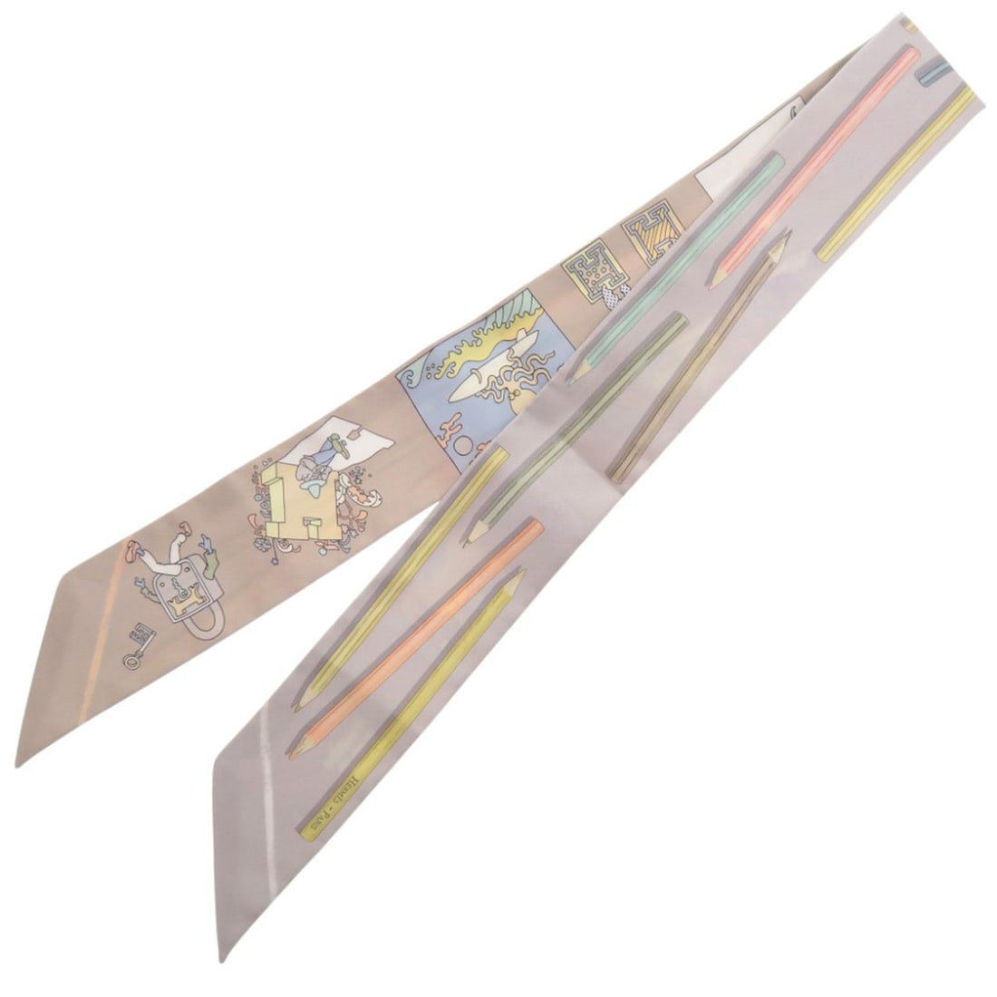 Hermes Twilly A Vos Crayons: Let's get out the colored pencils! 064221S 04 Silk Grey Multicolor: --- Catalog ---Category: SizeSize (LxW): 86cm x 5cm / 33.85'' x 1.96''Category: DesignType: ScarfColor: Gray, Multi-color, WhiteGender: WomenMaterial: Silk Category: GeneralMPN: 064221S 04Brand: Herme