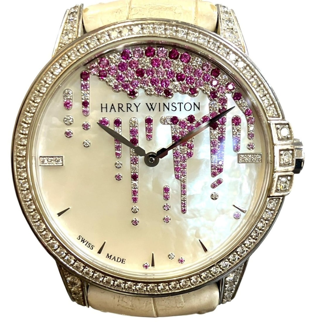 Harry Winston Midnight Diamond Stalactite Watch, Total Weight 64.7g, 18K Gold, Genuine Leather: --- Catalog ---Category: SizeWrist Size: 14cm - 18cm / 5.51'' - 7.08''Case Diameter: 36mm / 1.42''Category: DesignType: WristwatchGender: Women,MenColor (Dial): PearlMaterial (Band): LeatherMaterial