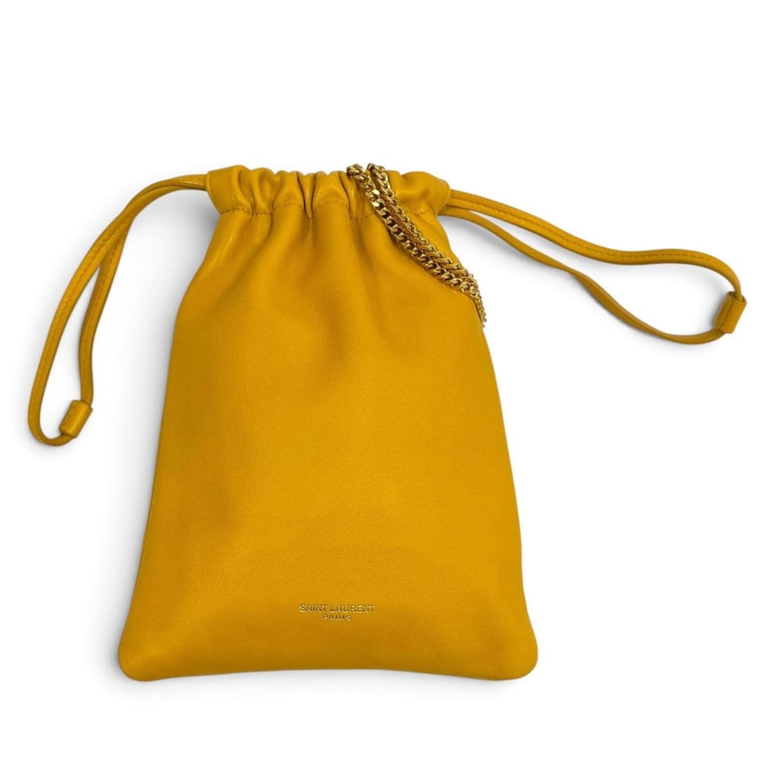 Yves Saint Laurent SAINT LAURENT PARIS 640714 Drawstring Leather Chain Shoulder Bag, Yellow, Made in: --- Catalog ---Category: SizeSize (HxWxD): 19cm x 14.5cm / 7.48'' x 5.7''Category: DesignType: Shoulder bagColor: YellowGender: WomenMaterial: Leather Category: GeneralMPN: 640714Brand: Saint LaurentC
