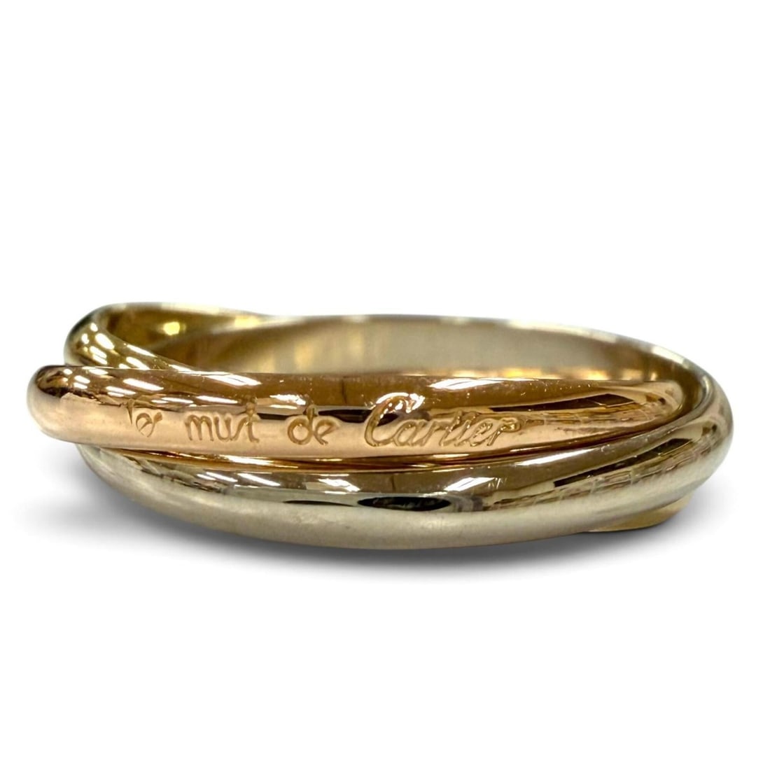Cartier A5168H Trinity Small 750 (YG PG WG) Ring, Yellow Gold, Pink Silver, Size 51, Weight 3.69g,: --- Catalog ---Category: SizeUS Size: 6Brand Size: 51Category: DesignType: Band ringColor: Pink gold, Silver, Yellow goldGender: Men,WomenMaterial: Pink gold (18K), Yellow gold (18K)Category: GeneralM