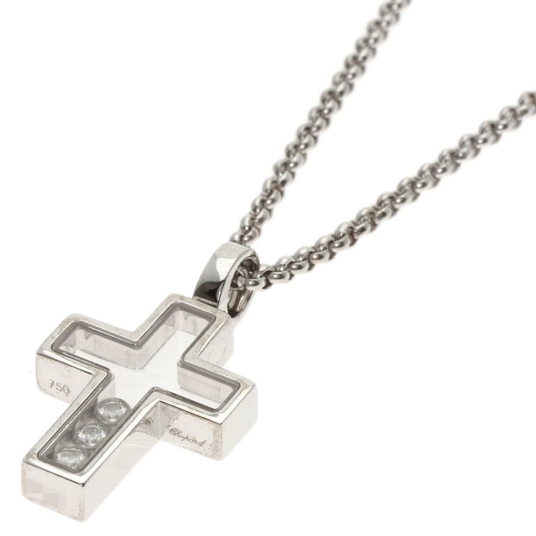Chopard Cross Happy Diamonds Necklace 18K White Gold Women's: --- Catalog ---Category: SizeWidth: 1.9mm / 0.07''Weight: 13.6g / 0.47oz.Pendant Size: 26.9mm x 15.1mm / 1.05'' x 0.59''Neck Circumference: 42 cm / 16.53''Category: DesignStone: DiamondGender: WomenMa
