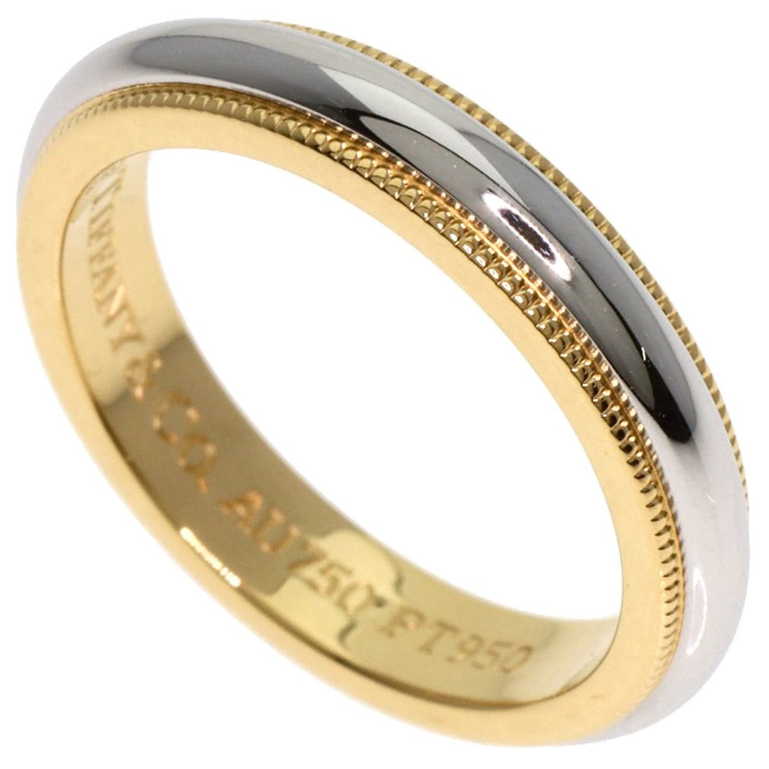 Tiffany & Co. Milgrain Ring, Platinum PT950/18K Yellow Gold, Women's.: --- Catalog ---Category: SizeWidth: 3.3mm / 0.13''Weight: 5.2g / 0.18oz.JP Size: 8US Size: 4.5Category: DesignType: Band ringGender: WomenMaterial: Platinum 950, Yellow gold (18K)Category: GeneralBran