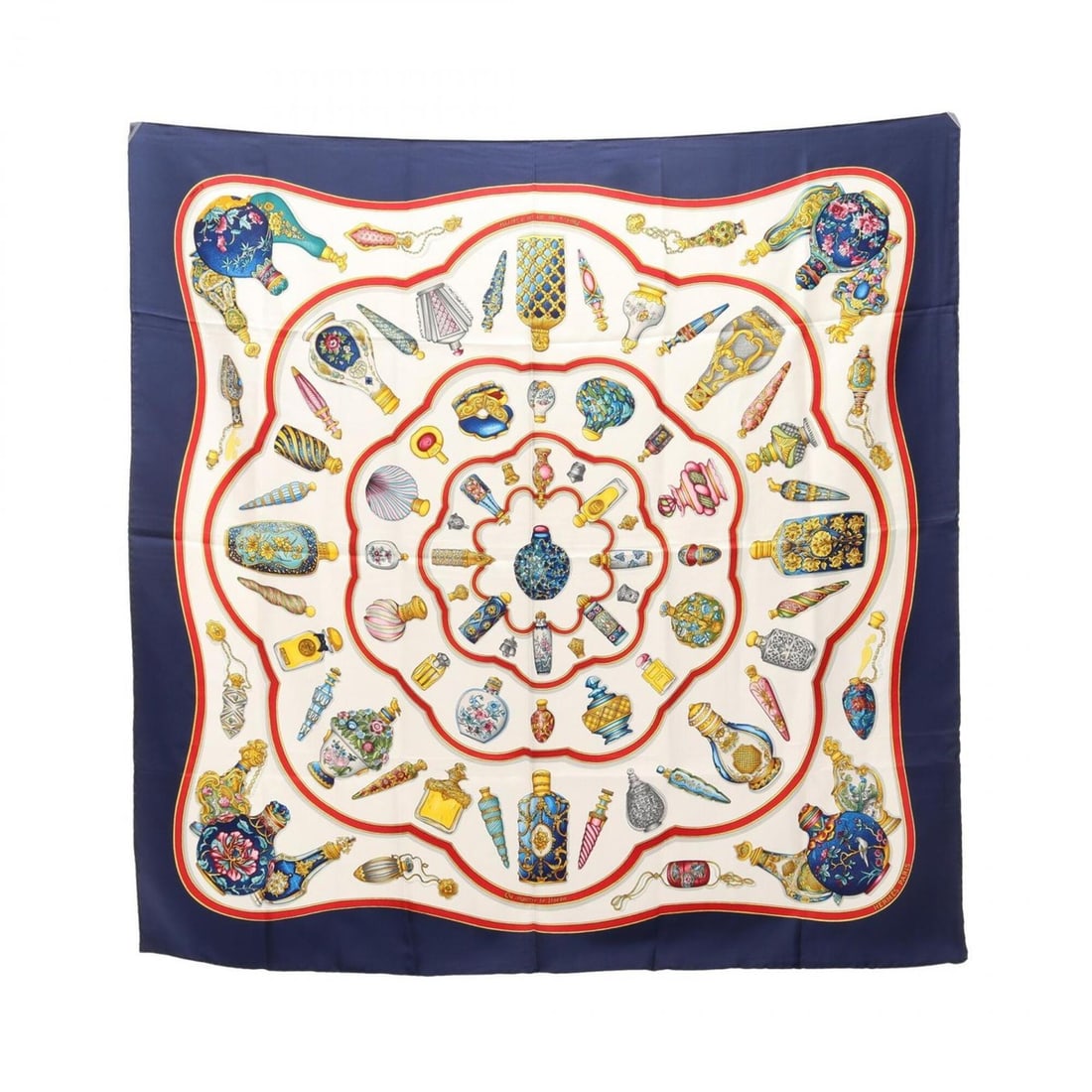Hermes Carre 90 "Qu importe le flacon" scarf/muffler, silk, women's, navy/white/multicolor.