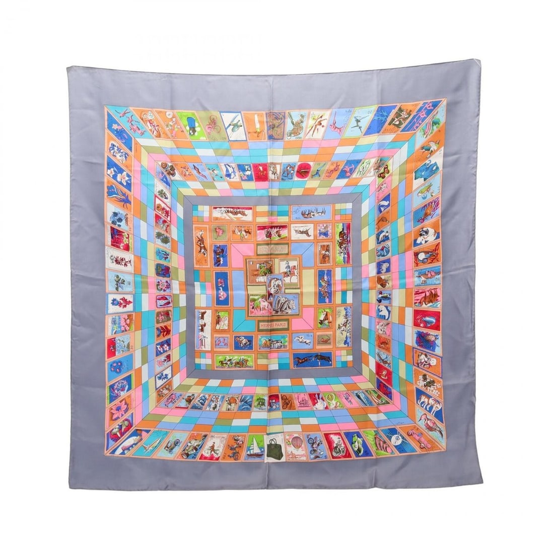 Hermes Carre 90 Correspondance Scarf/Muffler, Silk, Women's, Gray/Multicolor