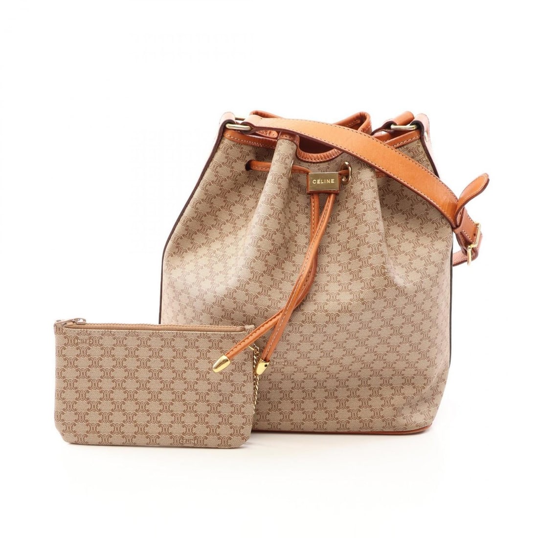 Celine Macadam Drawstring Shoulder Bag/Handbag, Coated Canvas and Leather, Women's, Beige/Brown
