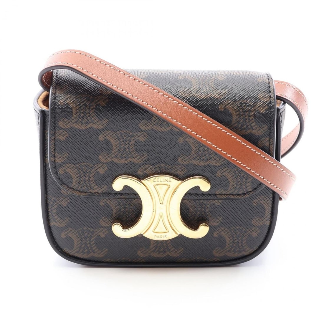 Celine Mini Claude Triomphe Shoulder Bag/Handbag, Coated Canvas Leather, Women's, Black/Brown: --- Catalog ---Category: SizeSize (HxWxD): 10cm x 11.5cm x 4.5cm / 3.93'' x 4.52'' x 1.77''Category: DesignType: Handbag, Shoulder bagColor: Black, BrownGender: WomenMaterial: Coated canvas , Leather 