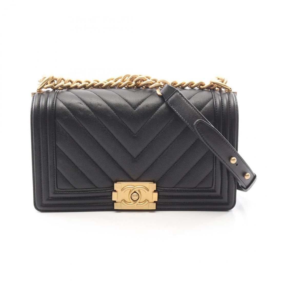 Chanel Boy Chevron V-stitch Shoulder Bag/Handbag, Caviar Leather (Grained Calfskin), Women's, Black: --- Catalog ---Category: SizeSize (HxWxD): 14.5cm x 25cm x 7cm / 5.7'' x 9.84'' x 2.75''Category: DesignType: Handbag, Shoulder bagColor: BlackGender: WomenMaterial: Grained Calfskin Category: General