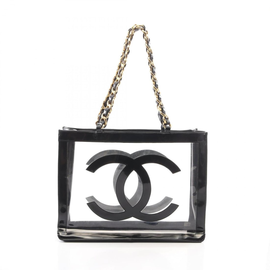 Chanel Coco Mark Tote Bag Handbag Vinyl Patent Leather Women's Black/Clear: --- Catalog ---Category: SizeSize (HxWxD): 31cm x 41cm x 12cm / 12.2'' x 16.14'' x 4.72''Category: DesignType: Handbag, Tote bagColor: Black, ClearGender: WomenMaterial: Vinyl , Patent leather Categor