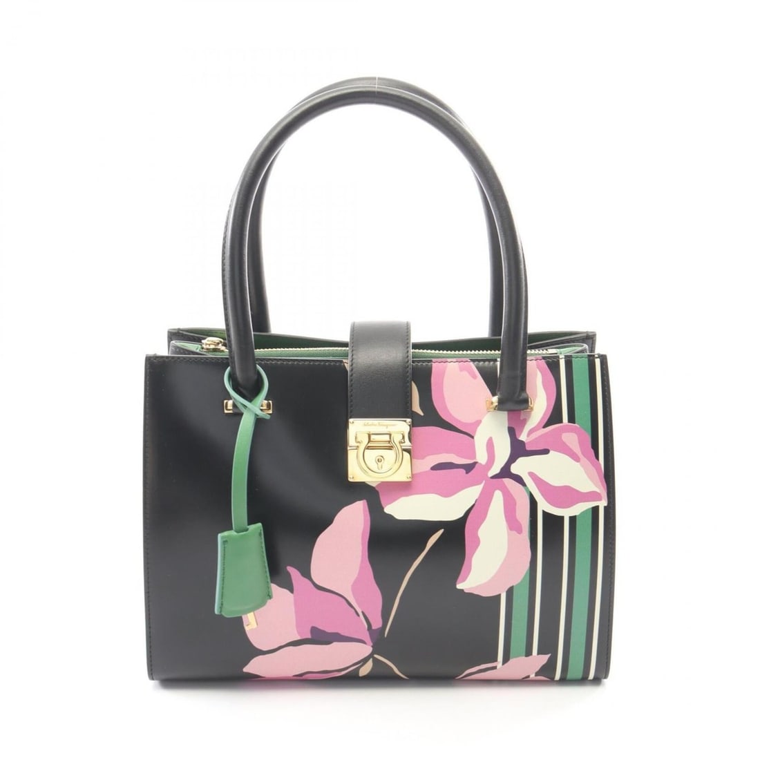 Salvatore Ferragamo Gancini Flower Handbag, Leather, Women's, Black/Multicolor