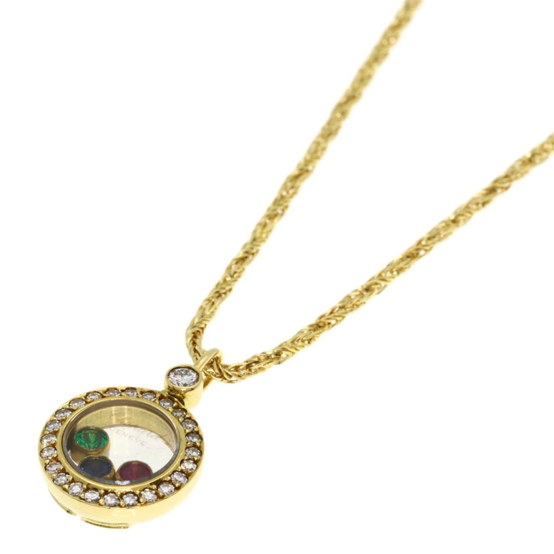 Chopard Happy Diamonds Sapphire Ruby Emerald Necklace 18K Yellow Gold Women's: --- Catalog ---Category: SizePendant Size: 18mm x 11.4mm / 0.7'' x 0.44''Neck Circumference: 43 cm / 16.92''Category: DesignGender: WomenMaterial: Yellow gold (18K)Necklace Type: NecklaceCategory: Gen