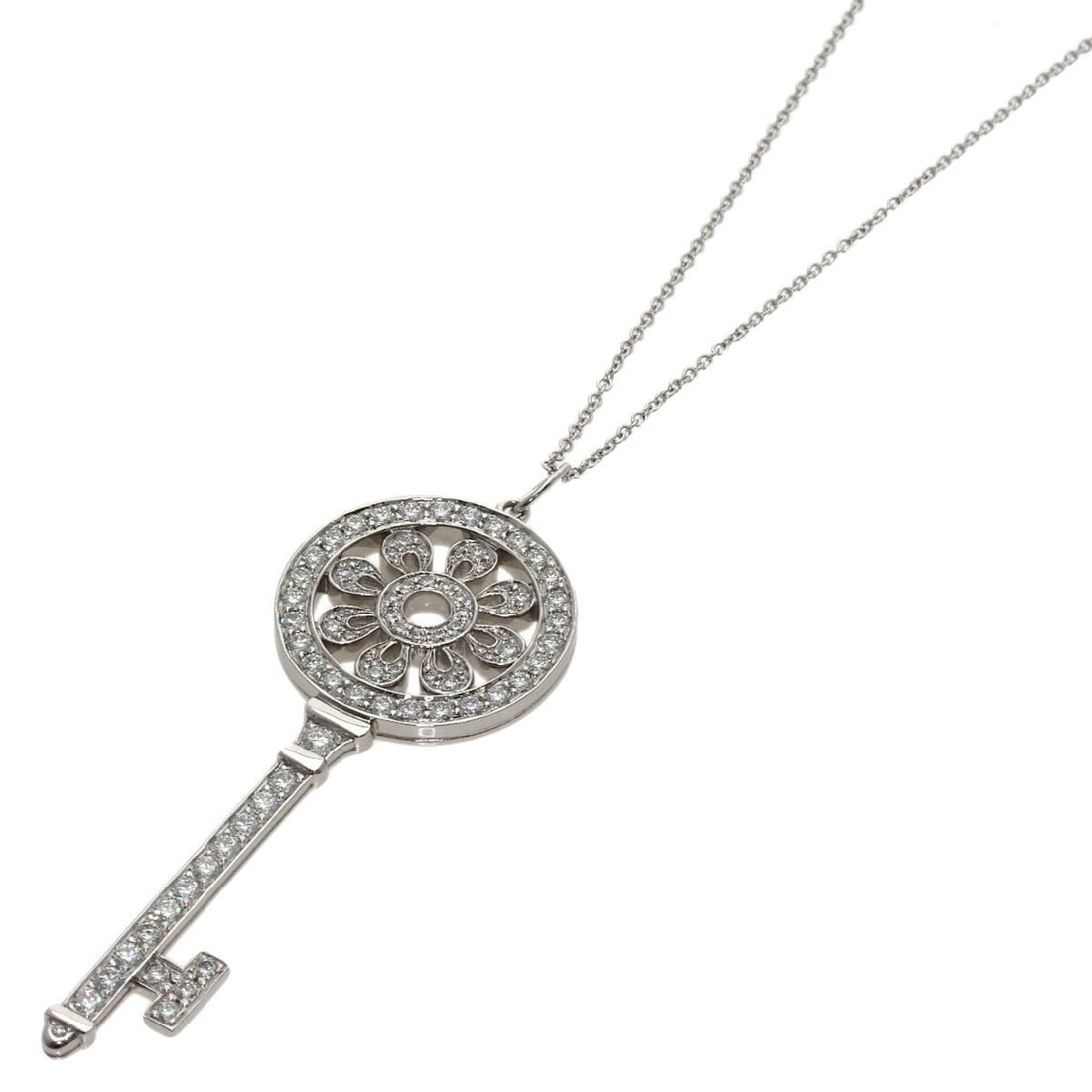 Tiffany & Co. Petal Key Diamond Necklace, 18K White Gold/PT950, Women's.: --- Catalog ---Category: SizePendant Size: 56.4mm x 20.5mm / 2.22'' x 0.8''Neck Circumference: 45 cm / 17.71''Category: DesignGender: WomenMaterial: Platinum 950, White gold (18K)Necklace Type: Neckla