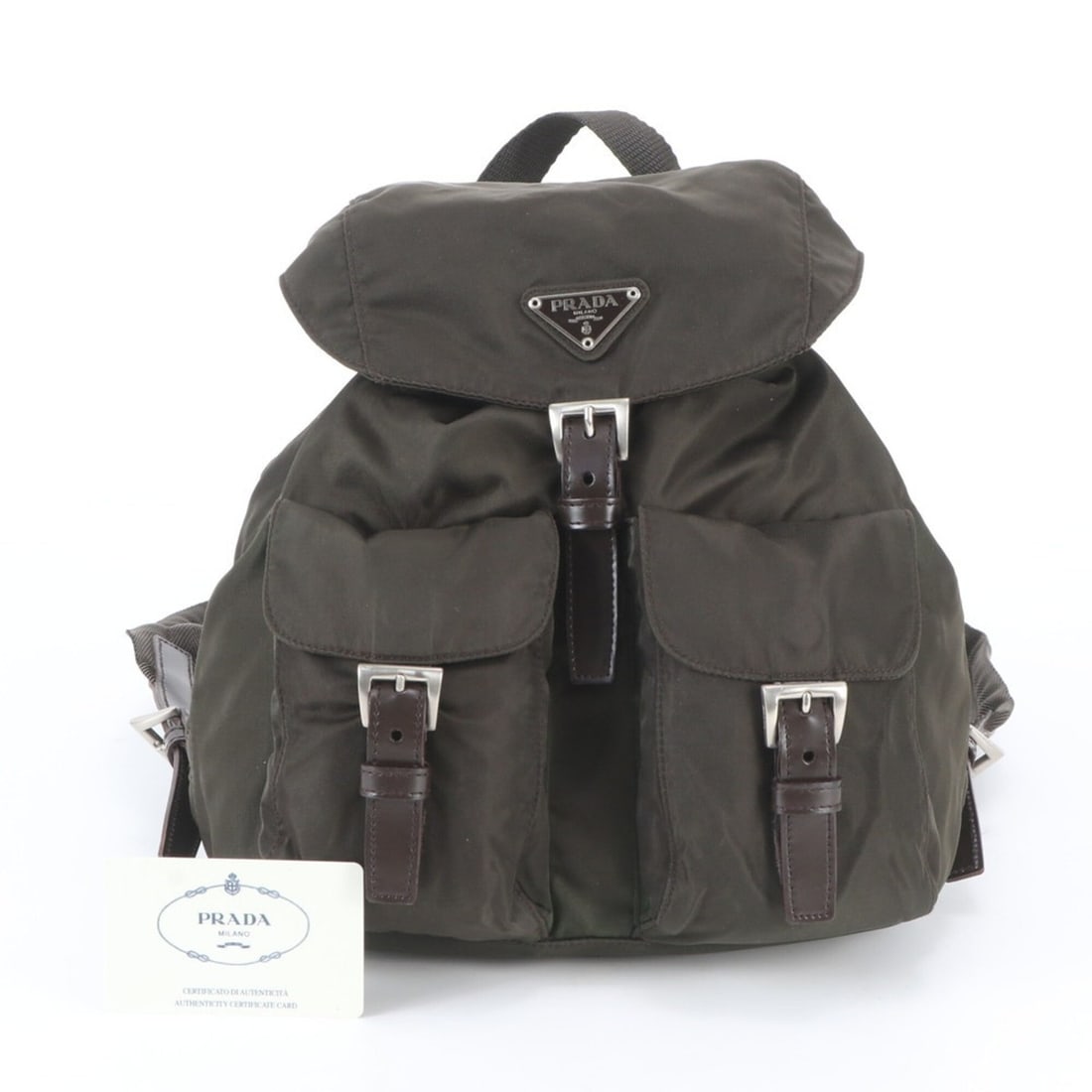 Prada Tessuto Nylon Triangle Logo Backpack (B6677) for Women, with Guarantee Card.: --- Catalog ---Category: SizeSize (HxWxD): 20cm x 24cm x 11cm / 7.87'' x 9.44'' x 4.33''Category: DesignType: BackpackColor: Green, KhakiGender: WomenMaterial: Nylon , Leather Category: GeneralBrand: 