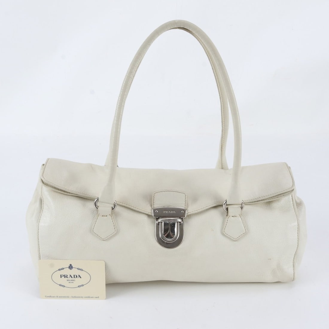 Prada Triangle Logo Leather Shoulder Bag BR1254 (with guarantee) - Women's: --- Catalog ---Category: SizeSize (HxWxD): 17cm x 35cm x 10cm / 6.69'' x 13.77'' x 3.93''Category: DesignType: Handbag, Shoulder bagColor: WhiteGender: WomenMaterial: Leather Category: GeneralBrand: P