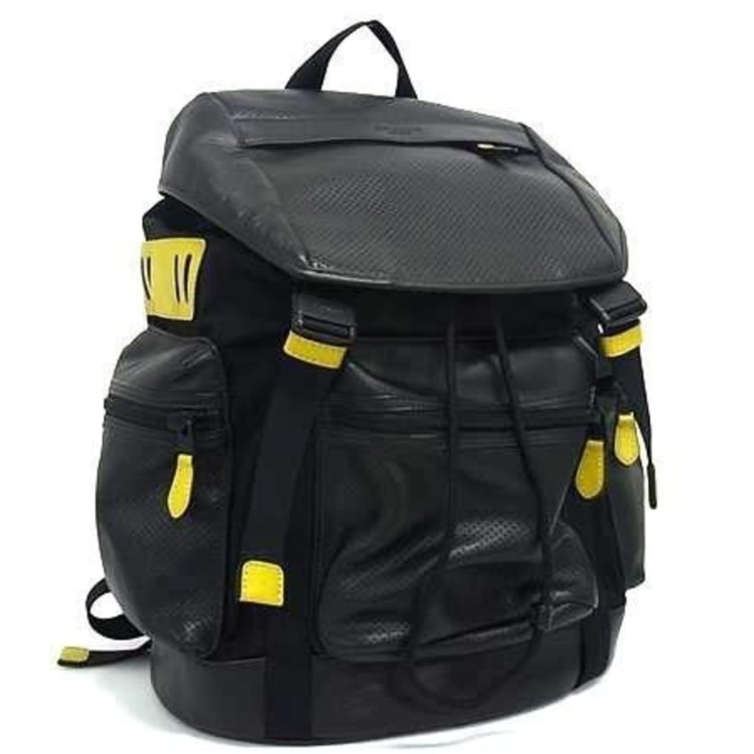 COACH Backpack, Perforated Leather, F72018, Black/Yellow Leather/Nylon, Men's: --- Catalog ---Category: SizeSize (HxWxD): 38cm x 31.5cm x 16.5cm / 14.96'' x 12.4'' x 6.49''Category: DesignType: BackpackColor: Black, YellowGender: MenClosure: FlapMaterial: Leather , Nylon Inner P